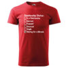 A red T-shirt with the text "Relationship Status – Waiting for a Miracle" and a humorous checklist.