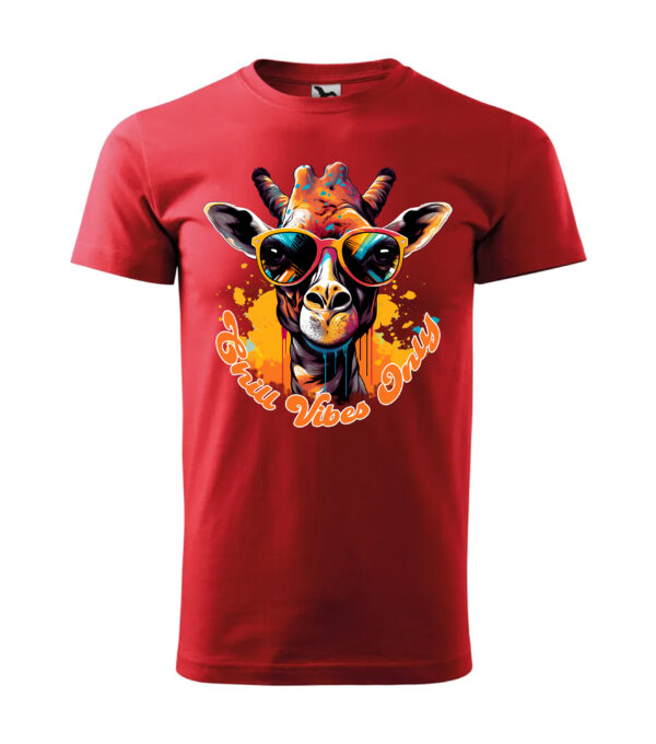 A vibrant red T-shirt featuring a giraffe in sunglasses with the text "Chill Vibes Only" in bold letters.