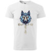 A white T-shirt featuring a striking wolf illustration with medieval-style text reading "Knight of the Forest."