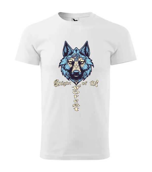 A white T-shirt featuring a striking wolf illustration with medieval-style text reading "Knight of the Forest."