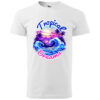 A white T-shirt featuring a colorful Tropical Dreams print with a sunset, ocean waves, and palm trees.