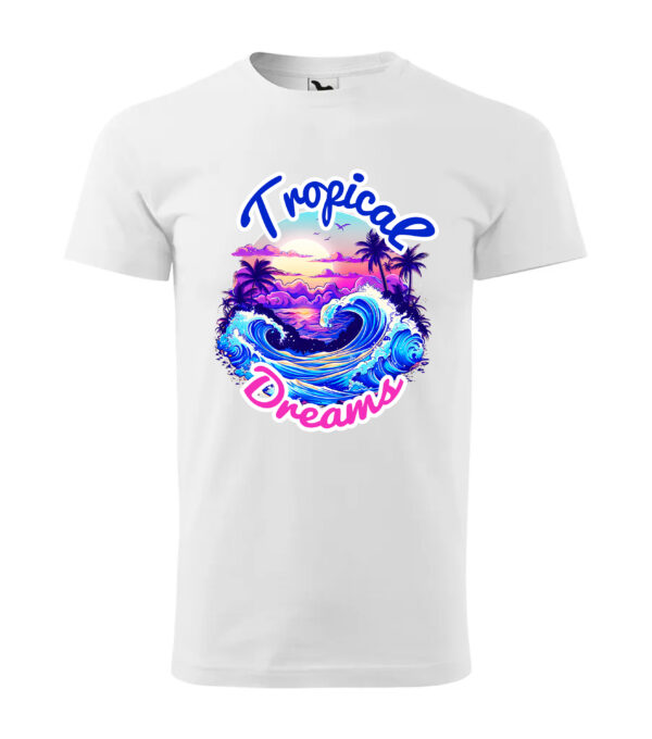 A white T-shirt featuring a colorful Tropical Dreams print with a sunset, ocean waves, and palm trees.