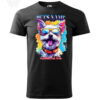 Black T-shirt featuring a vibrant, personalized dog print with sunglasses and customizable pet name.