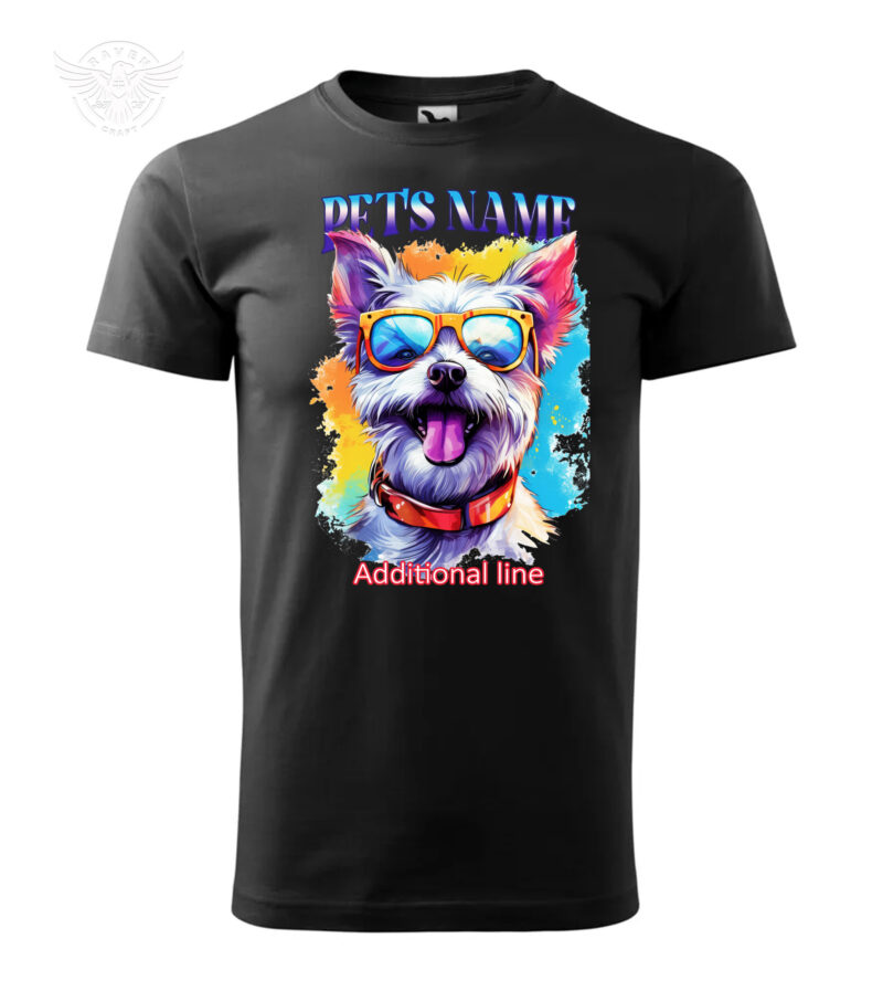Black T-shirt featuring a vibrant, personalized dog print with sunglasses and customizable pet name.