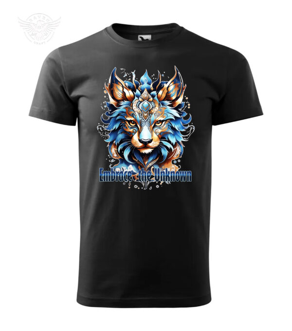 Black T-shirt featuring a mystical wolf design with the phrase "Embrace the Unknown."