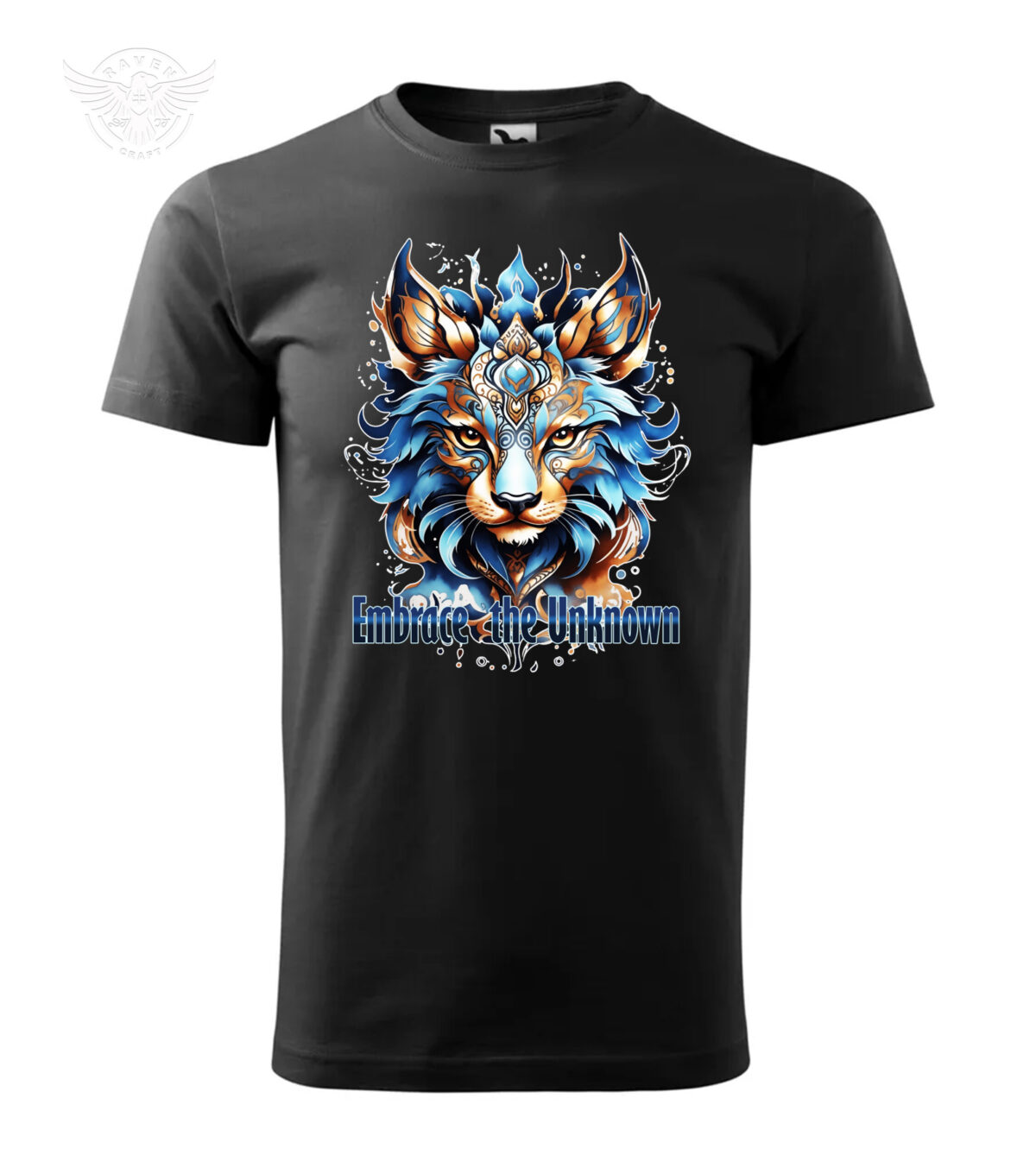 Black T-shirt featuring a mystical wolf design with the phrase "Embrace the Unknown."