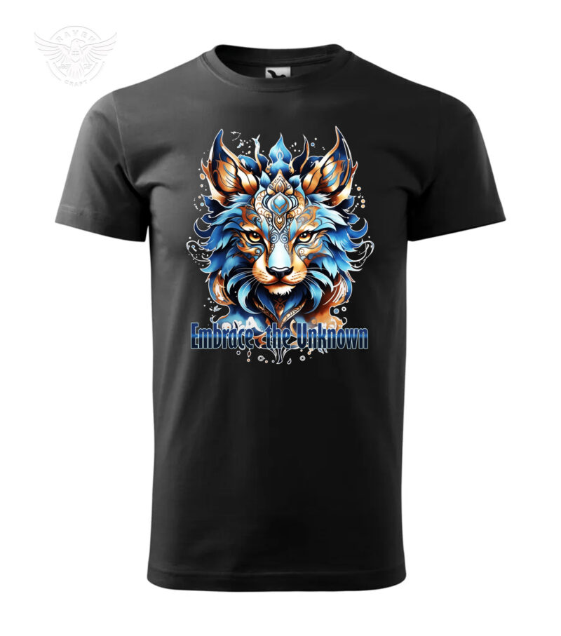 Black T-shirt featuring a mystical wolf design with the phrase "Embrace the Unknown."