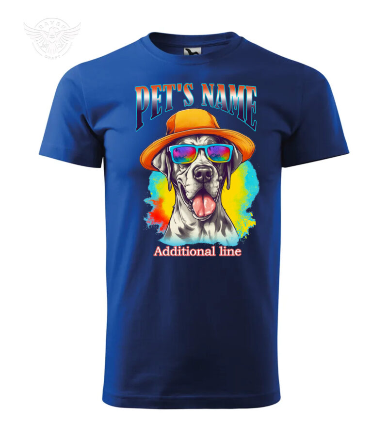 Blue T-shirt with customizable pet design featuring a dog in sunglasses and a hat with space for your pet's name.