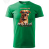 Personalized green T-shirt with a smiling dog wearing sunglasses and customizable pet's name