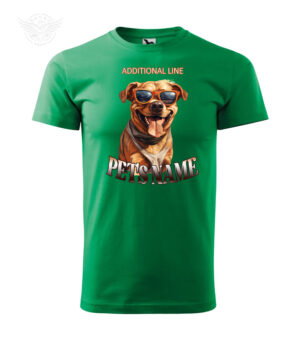 Personalized green T-shirt with a smiling dog wearing sunglasses and customizable pet's name