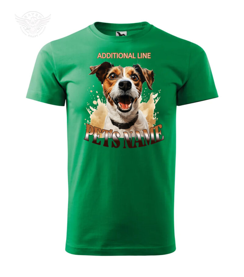 Green T-shirt with personalized happy dog graphic and customizable pet name.