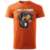 Orange t-shirt featuring a customizable print of a playful Rottweiler dog illustration, with placeholders for pet's name and additional text.