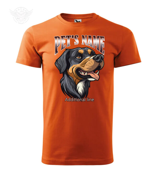 Orange t-shirt featuring a customizable print of a playful Rottweiler dog illustration, with placeholders for pet's name and additional text.