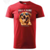 Red t-shirt with customizable print featuring a happy golden retriever dog wearing sunglasses, accompanied by placeholders for pet's name and additional text.