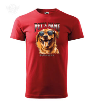 Red t-shirt with customizable print featuring a happy golden retriever dog wearing sunglasses, accompanied by placeholders for pet's name and additional text.