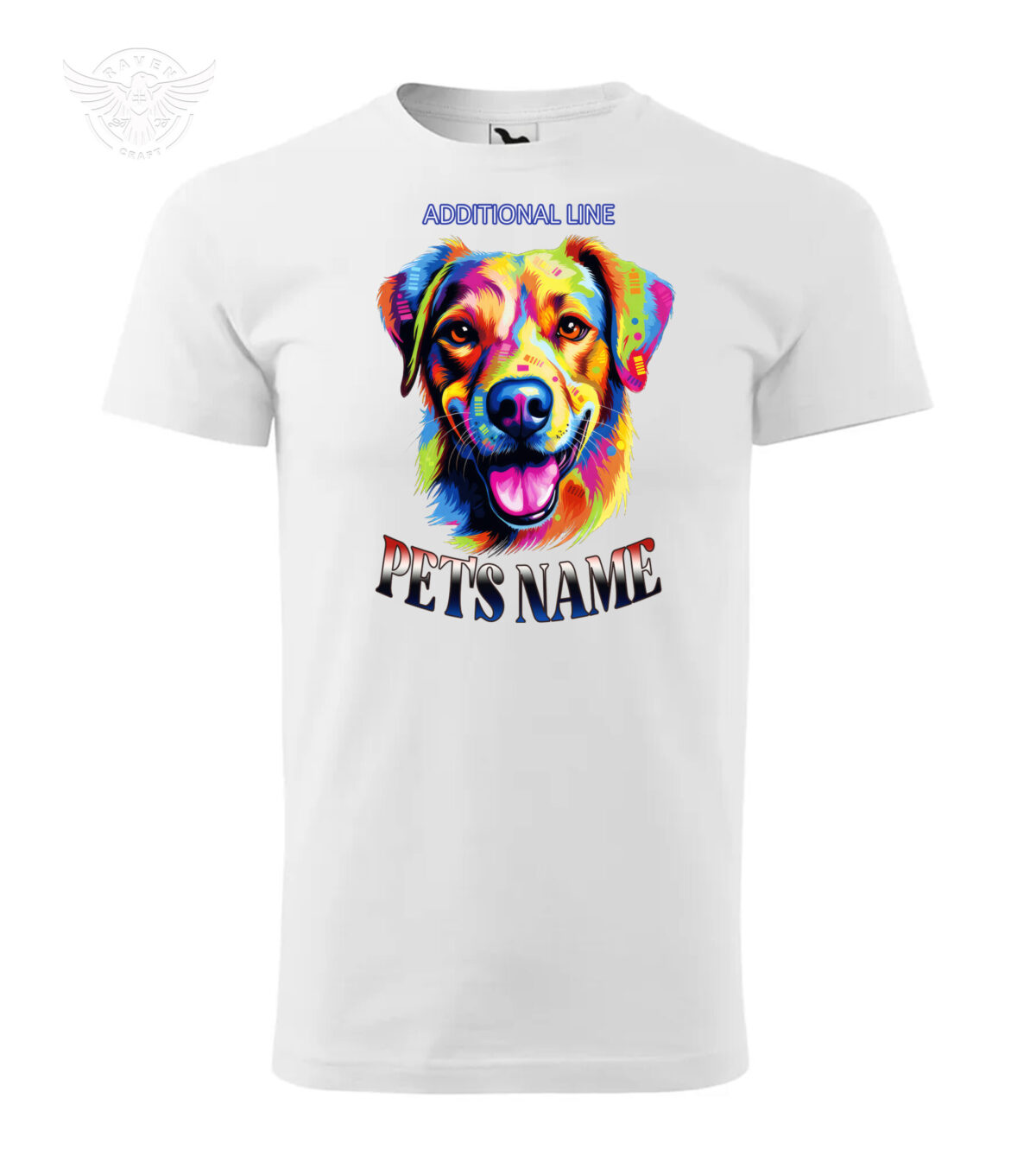 White T-shirt featuring a colorful, custom dog portrait with personalization options.