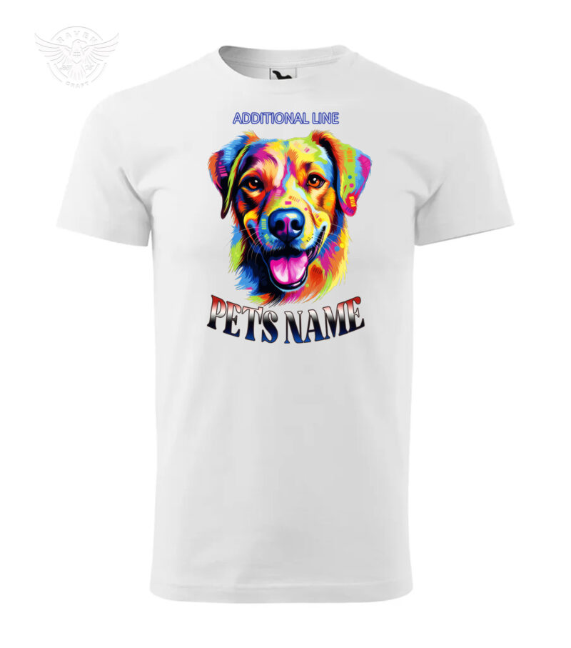 White T-shirt featuring a colorful, custom dog portrait with personalization options.