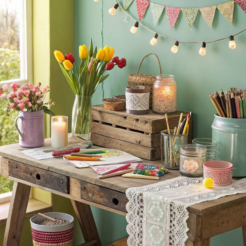 A rustic wooden desk adorned with lace, mason jars, art supplies, and fresh spring flowers against a green wall, illuminated by string lights and decorative bunting.