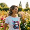 Woman in a white T-shirt with colorful graphic and the text “Soundtrack of My Soul,” standing in a blooming flower field.