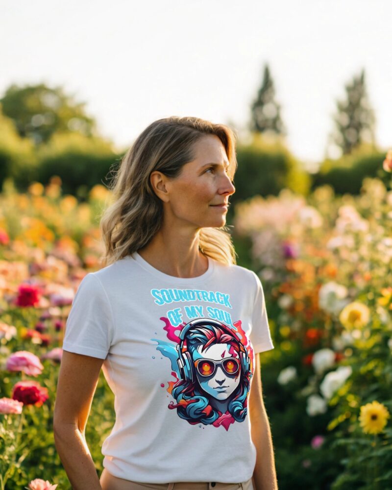 Woman in a white T-shirt with colorful graphic and the text “Soundtrack of My Soul,” standing in a blooming flower field.