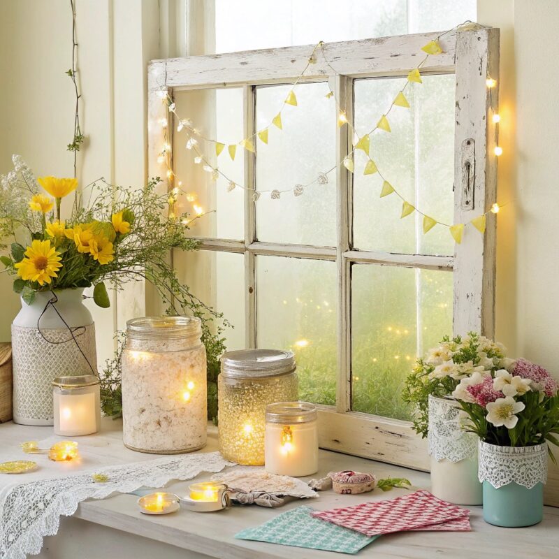 A rustic, repurposed window frame decorated with fairy lights, mason jars filled with candles or lights, lace accents, and fresh flowers in a bright, spring-inspired setting.