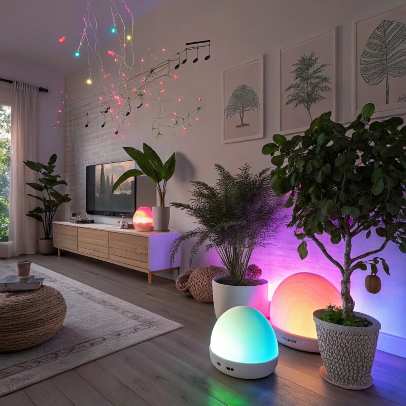 A contemporary living room with color-changing sphere lights, potted greenery, and musical-note decor hanging from the ceiling, showcasing futuristic holiday elements in a spring-inspired setting.