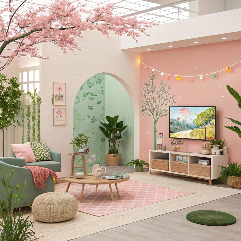 A spacious, modern living room with pastel pink and mint-green walls, a cherry blossom branch overhead, potted greenery, and soft furnishings, creating a fresh spring atmosphere.