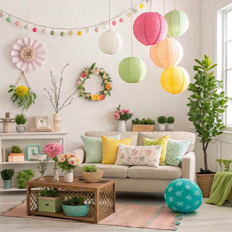 A bright, pastel-themed living room decorated with paper lanterns, floral wreaths, and potted greenery, evoking a fresh springtime ambiance.