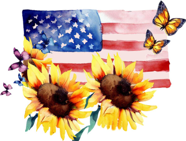 T-Shirt or Hoodie "Sunflowers & Freedom Flag" – Patriotic Floral Design with Butterflies - Image 2