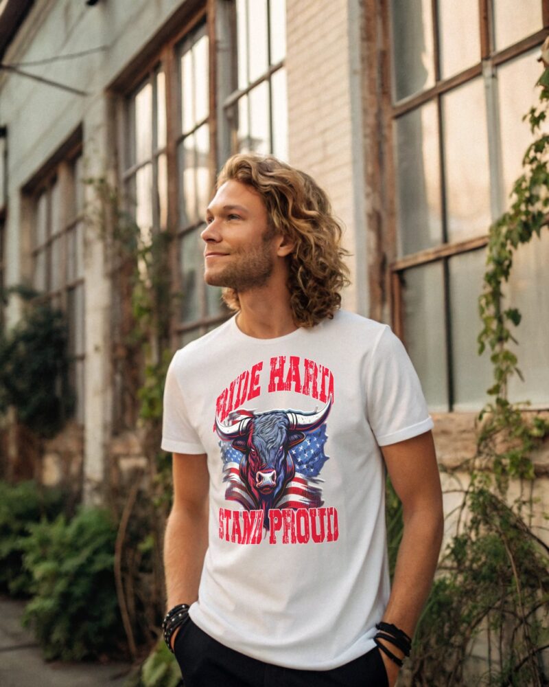 Confident man in a white T-shirt with a bull illustration and American flag, featuring the text “Ride Hard, Stand Proud,” standing near a vintage building with large windows.