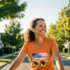 Smiling woman in an orange T-shirt with sunflowers, butterflies, and American flag print, riding a bicycle on a sunny street.