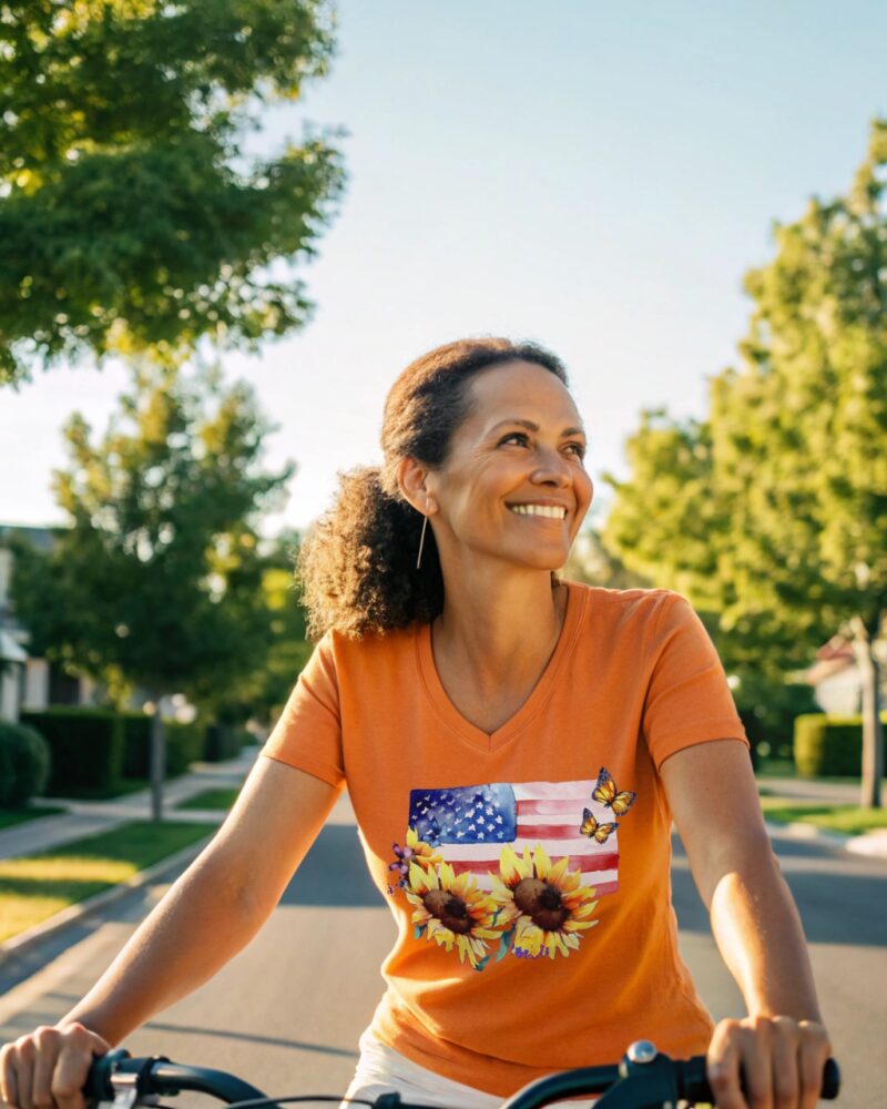 Smiling woman in an orange T-shirt with sunflowers, butterflies, and American flag print, riding a bicycle on a sunny street.