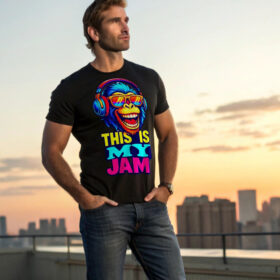 Man wearing a black T-shirt with a colorful "This Is My Jam" print featuring a funky monkey in sunglasses and headphones, standing on a rooftop at sunset.