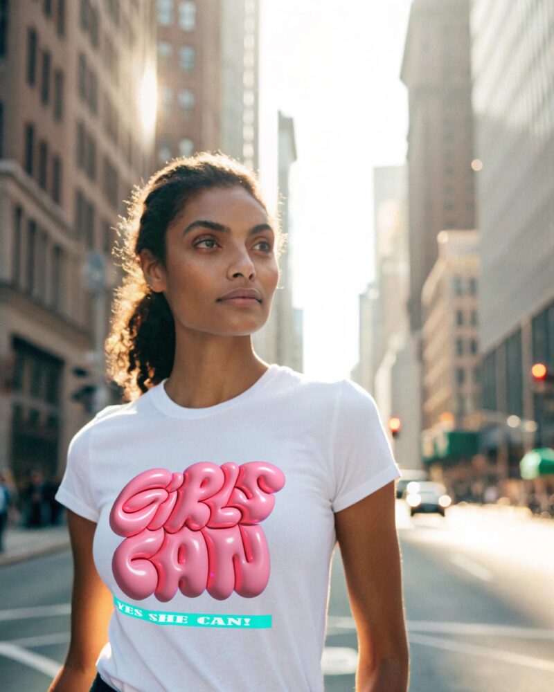Confident woman in a white T-shirt with bold pink “Girls Can” text and “Yes She Can” slogan, walking through a city street.