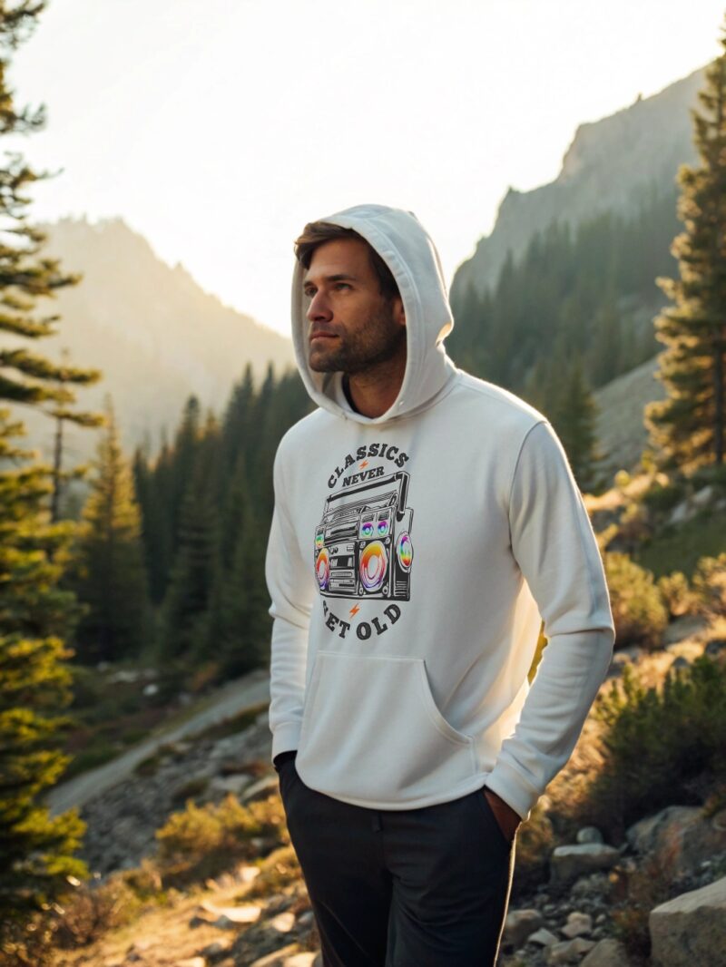 A man in a white hoodie with a colorful boombox print and the text “Classics Never Get Old”, standing on a mountain path.