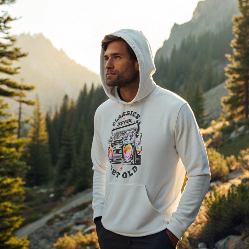 A man in a white hoodie with a colorful boombox print and the text “Classics Never Get Old”, standing on a mountain path.