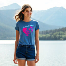 Young woman in a blue T-shirt with a pink heart and butterfly design that reads “Let Love Grow Wild,” standing by a scenic lake with mountains in the background.