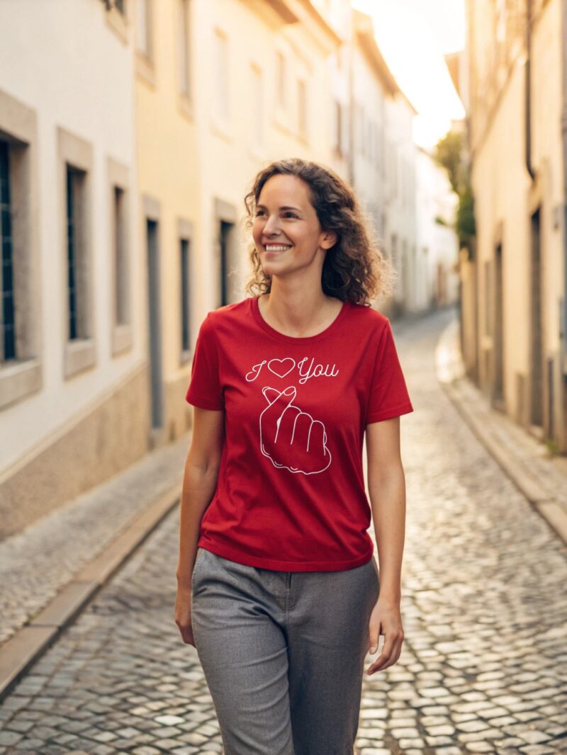 A woman wearing a red T-shirt with a minimalist white "I ❤️ You" design and hand heart gesture
