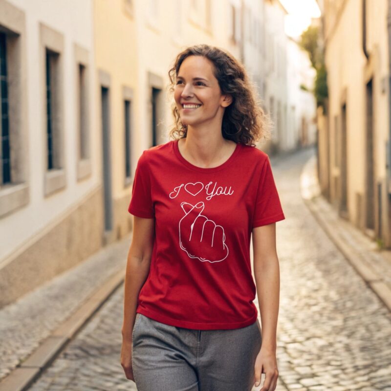 A woman wearing a red T-shirt with a minimalist white "I ❤️ You" design and hand heart gesture