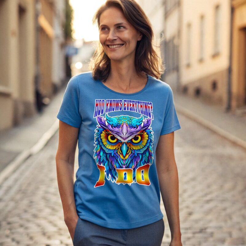 A woman wearing a blue T-shirt with a bright, colorful owl print and the text "Hoo Knows Everything?" above the owl and emoji "100" below it.