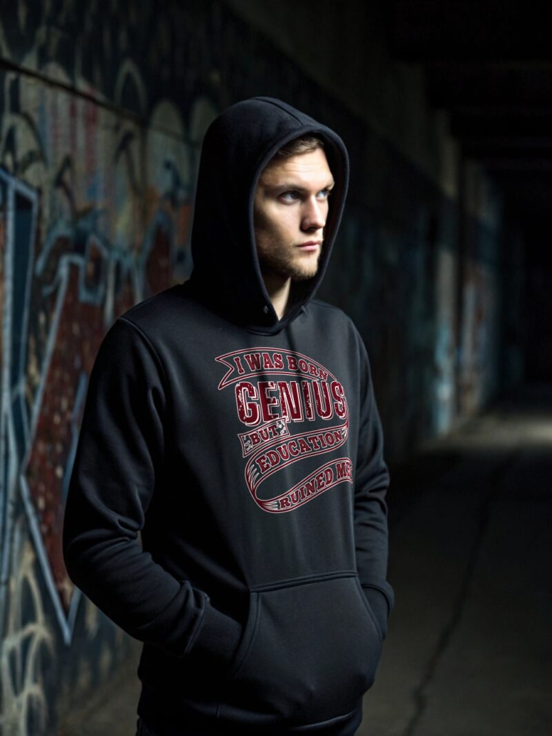 A young man in a black hoodie with a bold red print saying "I Was Born Genius but Education Ruined Me", standing in an urban alleyway.