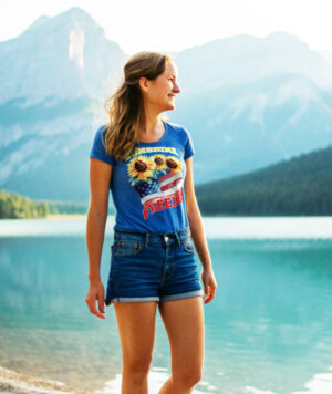 Smiling woman wearing a blue T-shirt with sunflowers, American flag, and the word “Freedom,” standing near a scenic lake with mountains in the background.