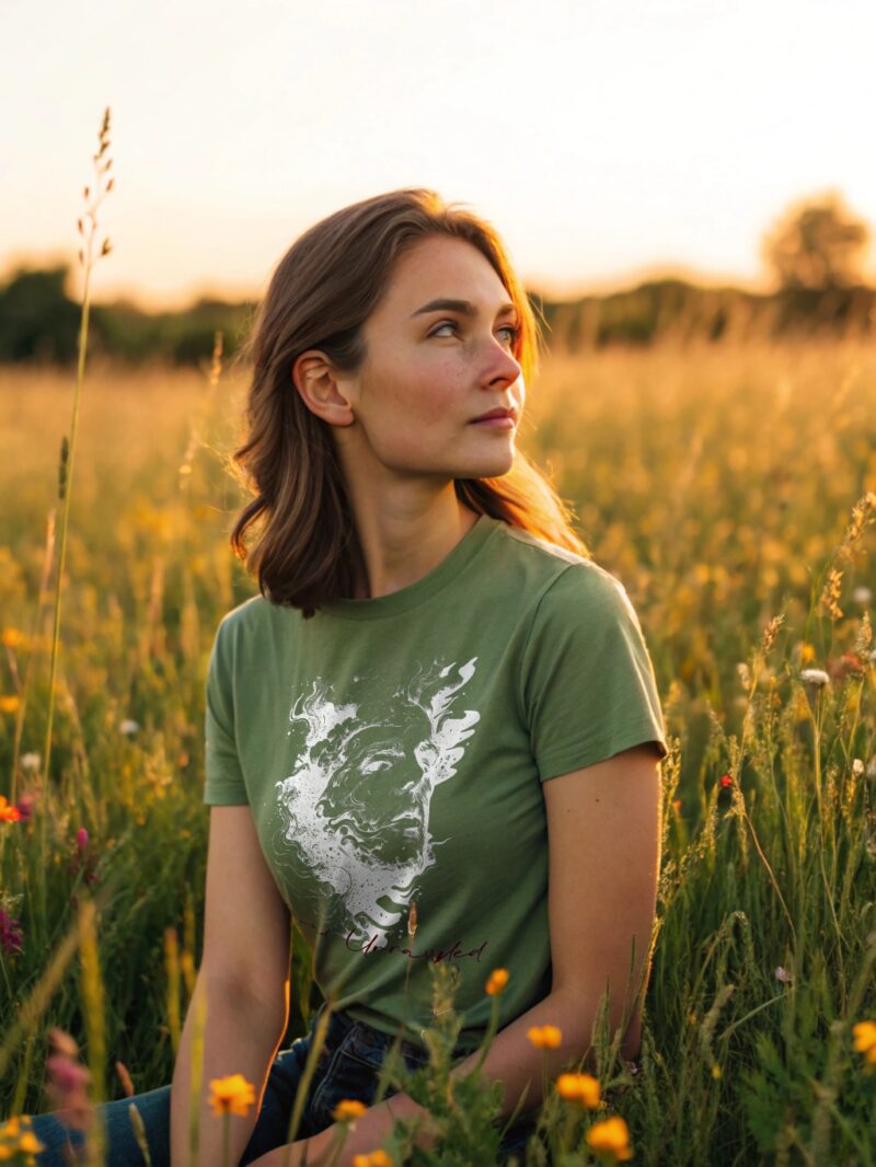 Woman wearing a green T-shirt with a surreal smoke face print titled “Mind Unleashed” while sitting in a wildflower field