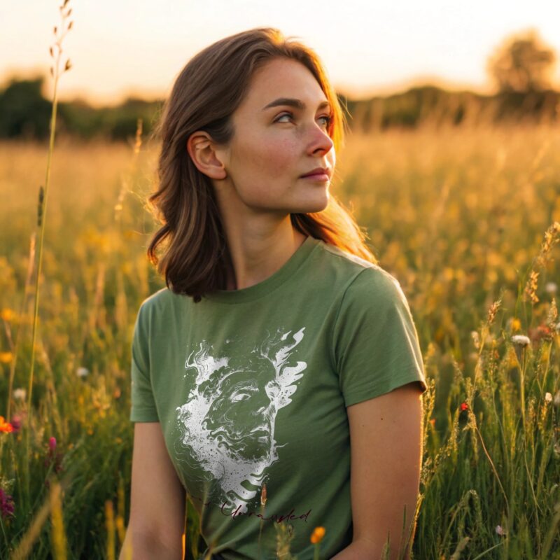 Woman wearing a green T-shirt with a surreal smoke face print titled “Mind Unleashed” while sitting in a wildflower field