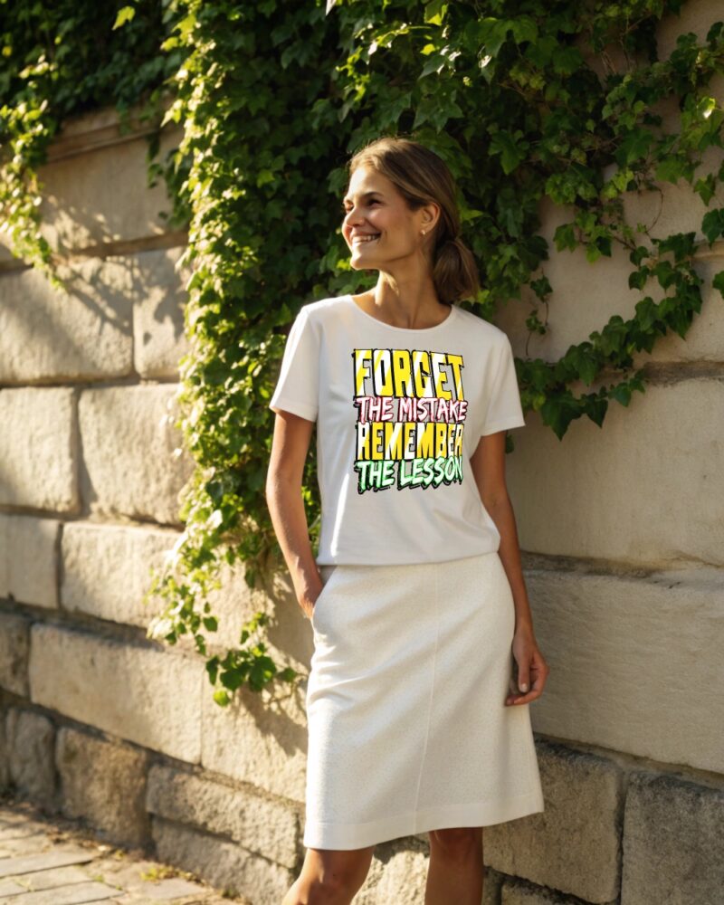 Smiling woman wearing a white T-shirt with the quote "Forget the Mistake, Remember the Lesson" in colorful bold letters, standing near an ivy-covered stone wall.