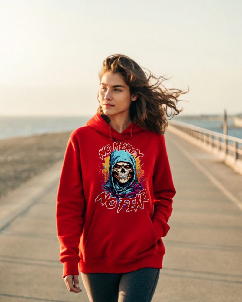 A red hoodie featuring a bold skull design with the text "No Mercy No Fear"