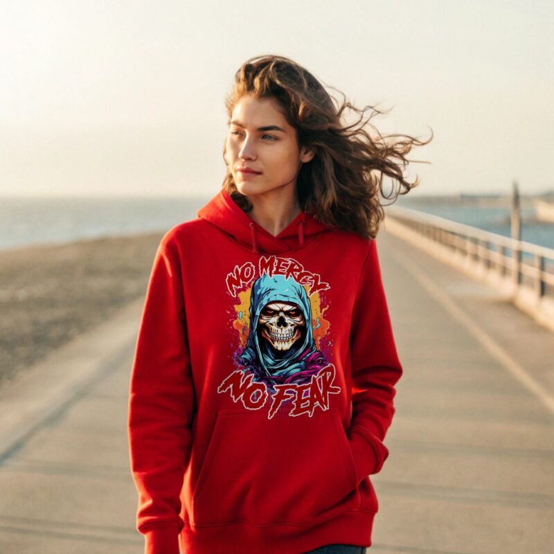 A red hoodie featuring a bold skull design with the text "No Mercy No Fear"