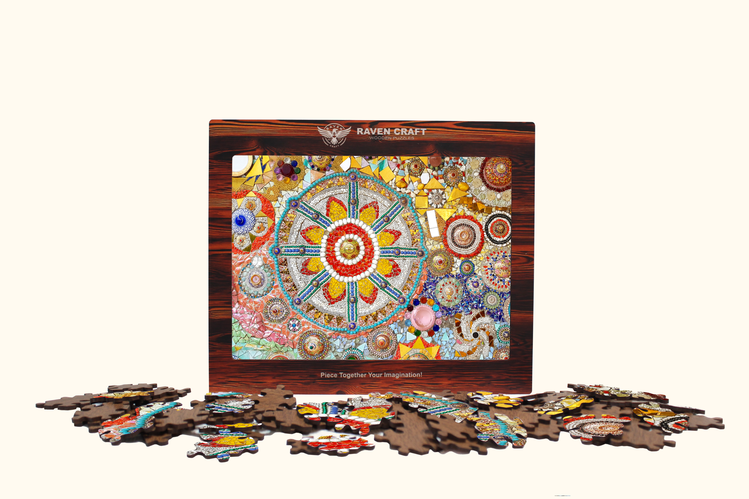 Wooden jigsaw puzzle box featuring a colorful mosaic-style mandala design, with laser-cut wooden puzzle pieces spread out in front on a light background.