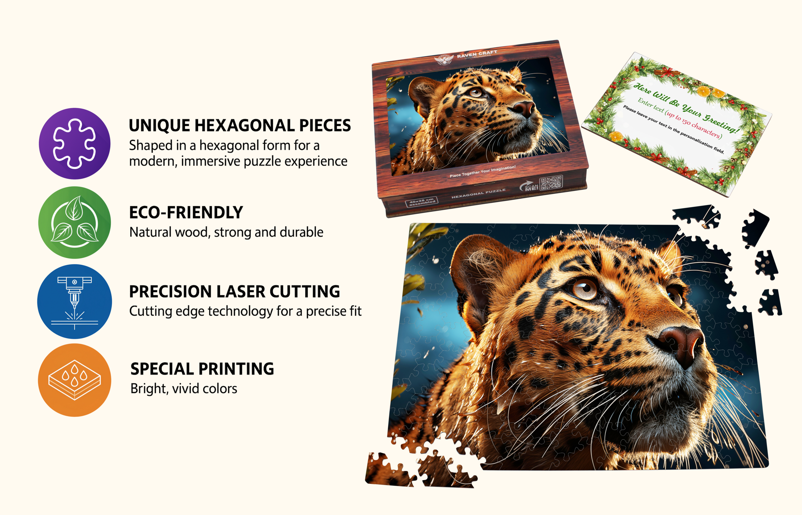 Wooden hexagonal leopard puzzle with vivid artwork, eco-friendly materials, precision laser-cut pieces, special printing, gift box, and personalized greeting card.