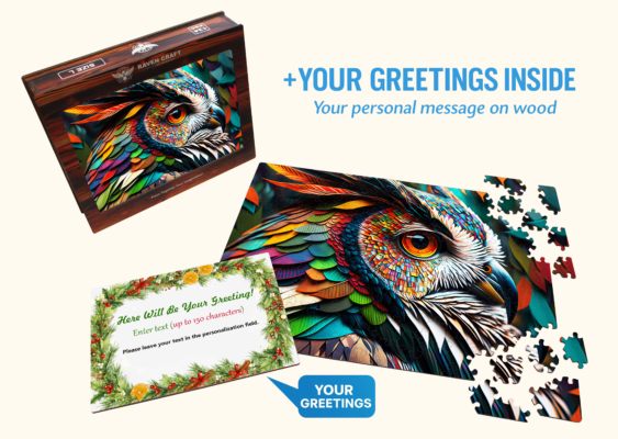 Wooden hexagonal puzzle with a colorful owl illustration, gift box, scattered puzzle pieces, and a personalized wooden greeting card inside.